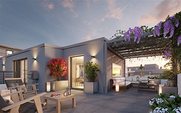 Rendu extérieur 3D d'une maison et terrasse moderne